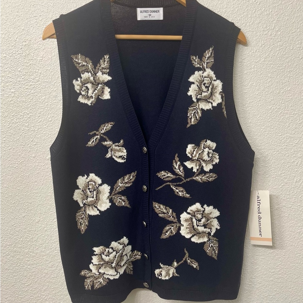 Alfred Dunner Black with Cream Roses Cardigan Vest with Button Front